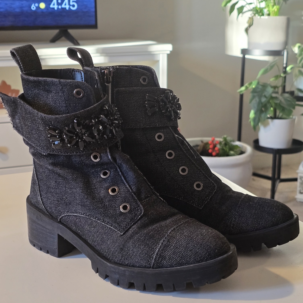 Karl Lagerfeld Black Embellished Combat Moto Boots